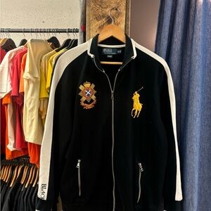 Vintage Polo Ralph Lauren Black and White Zip-Up Jacket with Yellow Logo